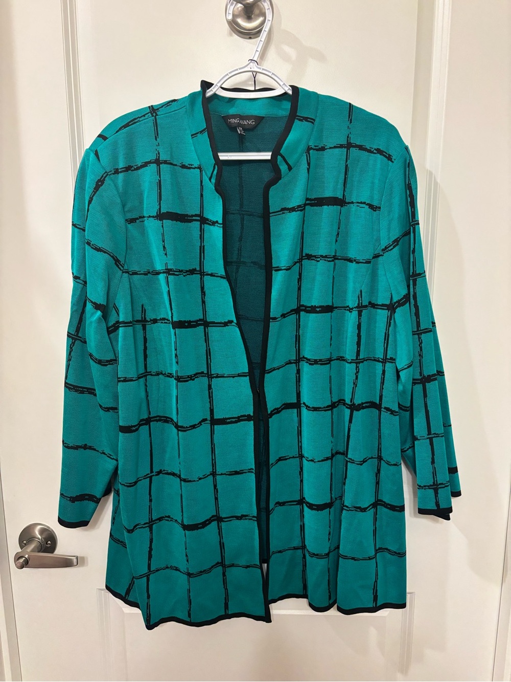 Ming Wang Teal & Black Windowpane Open Front Jacket